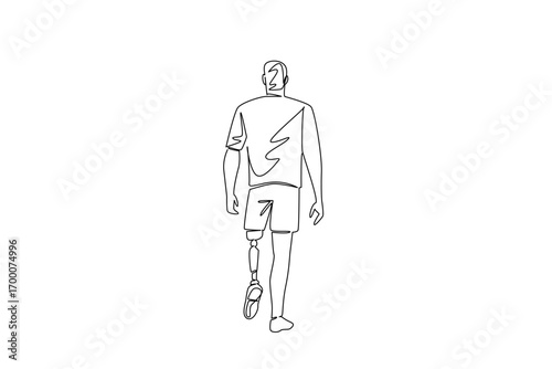 Single line drawing of a man walking confidently with a prosthetic leg, rear back view. representing progress, independence, and the spirit of World Day for Assistive Technology in a health concept.