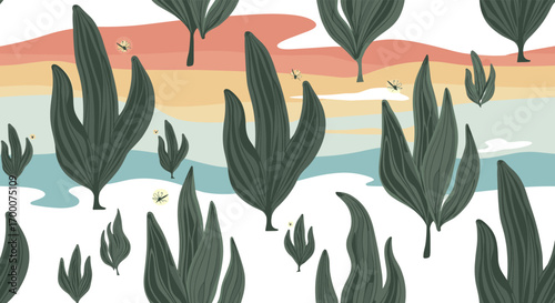 Whimsical desert landscape with stylized cacti and gentle sunset hues