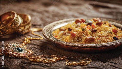 Exquisite Persian jeweled rice dish presentation with gold jewelry adding luxury and exotic elements