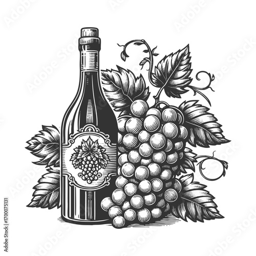 wine bottle surrounded by grape clusters and vine leaves, symbolizing winemaking, vineyards, and tradition sketch engraving generative ai vector illustration. Scratch board. Black and white image.