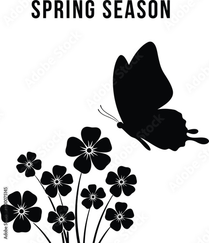 A black silhouette of a butterfly on flowers for spring season