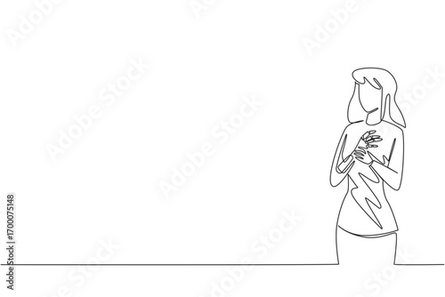 This single line drawing illustrates a woman with a prosthetic hand placed on her chest, symbolizing hope, resilience, and empowerment for World Day for Assistive Technology in a health concept.