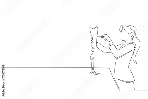 A one line draw of a woman adjusting a prosthetic leg highlights health concept and innovation for World Day for Assistive Technology, reflecting empowerment, rehabilitation, and inclusive healthcare