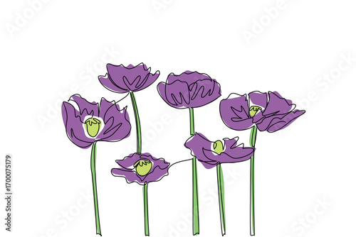 A continuous line drawing of purple poppy flowers, representing strength and resilience in the theme of Opium Suppression Movement Day, created with nature concept artistry.