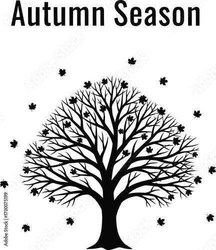 A black silhouette of a tree with falling leaves for autumn season