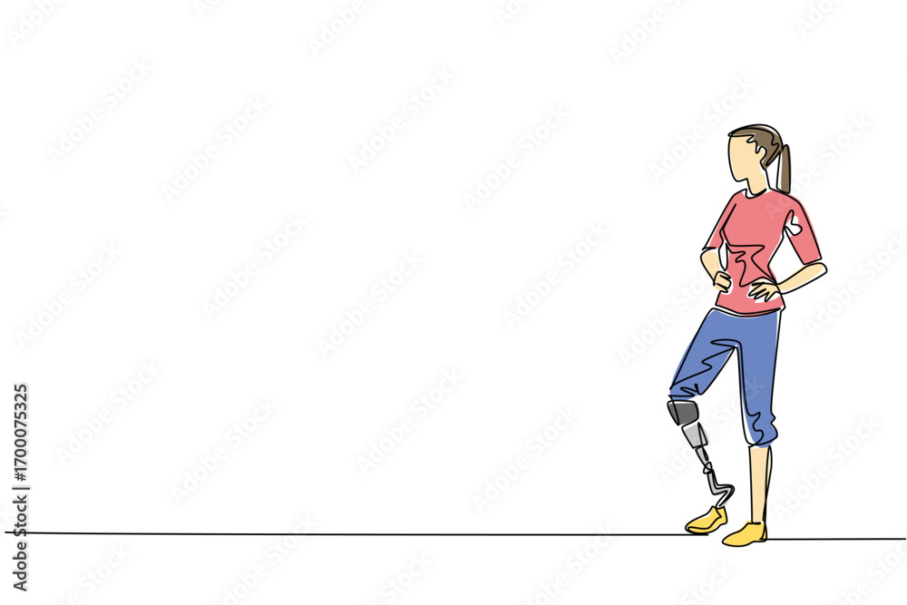 Fototapeta premium A single line drawing of a young woman with a prosthetic leg in casual clothing, representing inclusivity, resilience, and awareness for World Day for Assistive Technology in a health concept.
