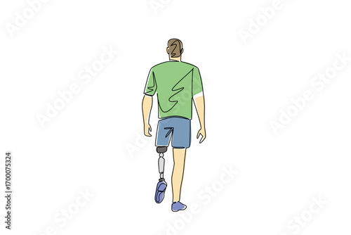 A continuous line drawing of a man with a prosthetic leg walking forward, rear view. Highlighting resilience and assistive technology awareness on World Day for Assistive Technology in health concept.