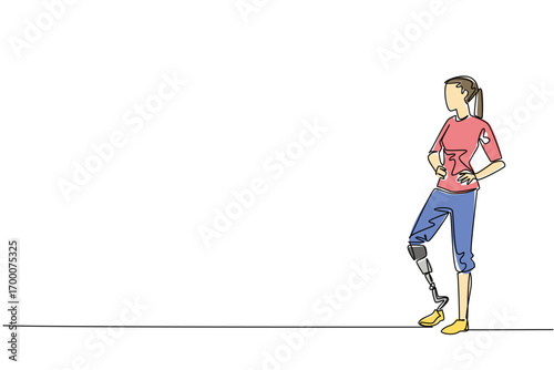 A single line drawing of a young woman with a prosthetic leg in casual clothing, representing inclusivity, resilience, and awareness for World Day for Assistive Technology in a health concept.