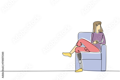 A continuous line drawing of a woman with a prosthetic leg sitting on an armchair, highlighting adaptive living and independence for World Day for Assistive Technology in a health concept.