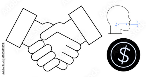Handshake between two individuals, profile of a head indicating speech, and currency sign. Ideal for partnership, deal-making, speech, negotiation, trade teamwork and finance themes. Simple flat