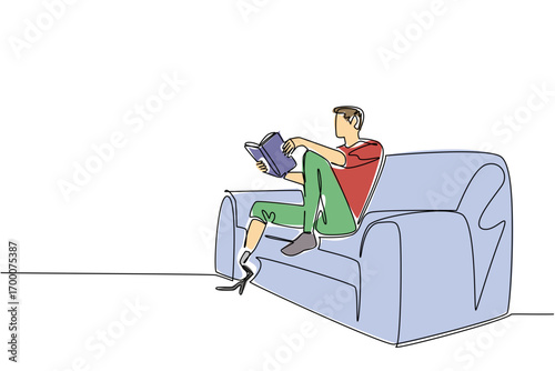 A single line drawing of a young man with a prosthetic leg sitting on a sofa reading a book, symbolizing inclusion and awareness for World Day for Assistive Technology in a health concept.