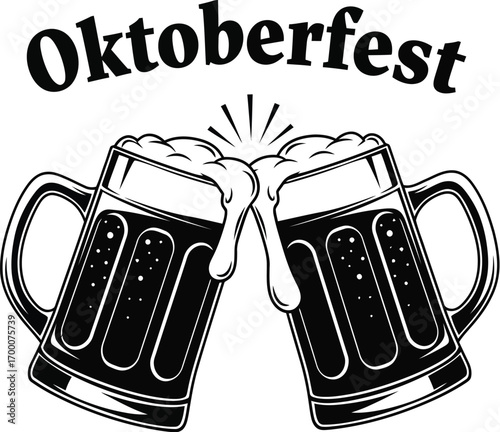 Oktoberfest celebration with beer mugs clinking for festive designs and promotional materials