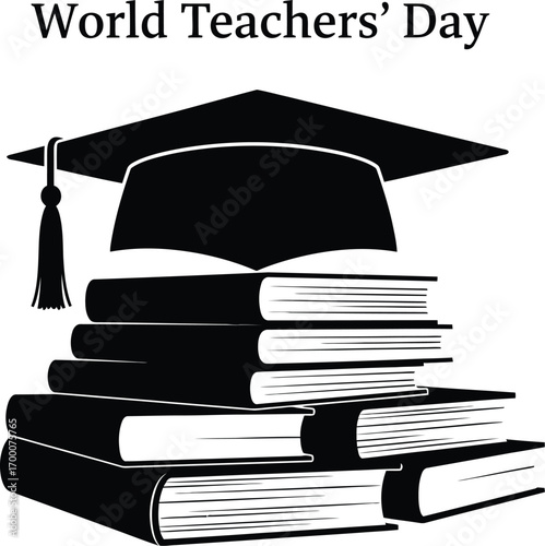 World Teachers' Day illustration with graduation cap on books celebration of education and learning