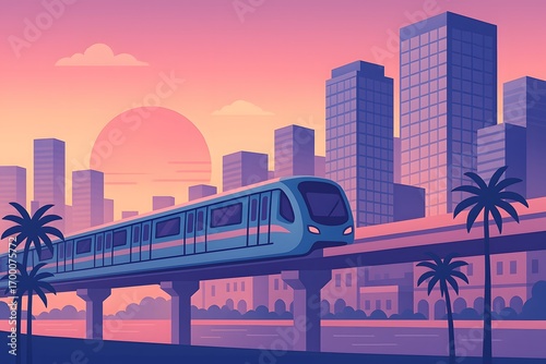 Illustration of Mumbai metro train on elevated bridge passing through a vibrant cityscape with skyscrapers and palm trees at sunset.
