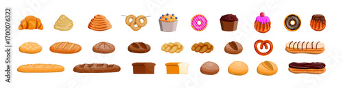 Various types of bread, pastries, and cakes in flat style for bakery menu and food illustration set collection.
