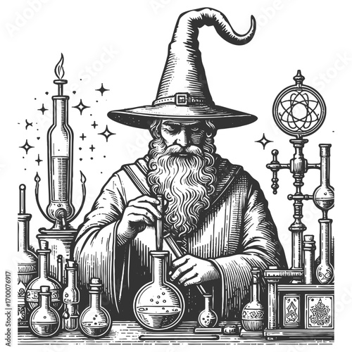 old alchemist working in a laboratory surrounded by flasks, scales, and mysterious equipment sketch engraving generative ai fictional character vector illustration. Scratch board. Black and white.