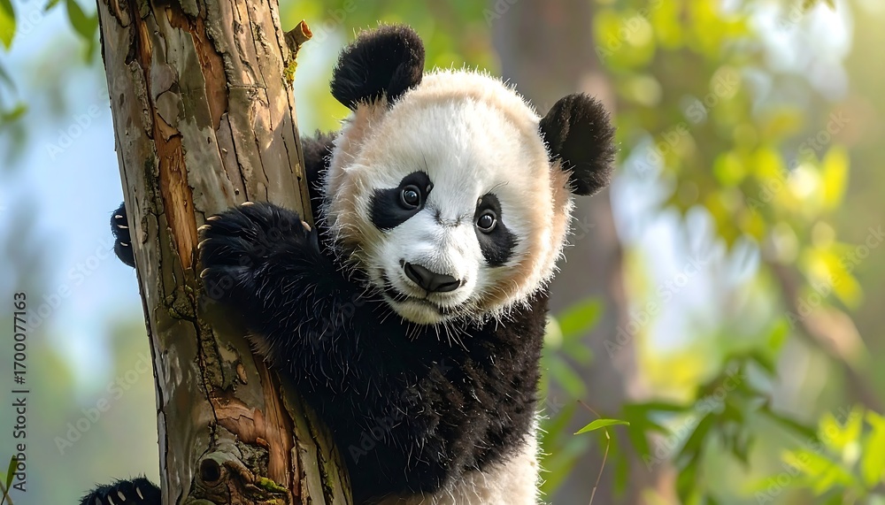 Fototapeta premium A captivating young panda, its black and white fur patterned against a natural woodland backdrop, clings to a tree trunk.