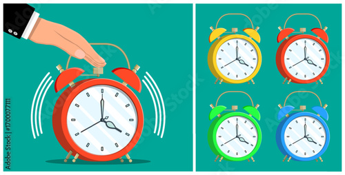 Man's hand silencing a ringing alarm clock, with other colorful alarm clocks. Time management and morning awakening concept.