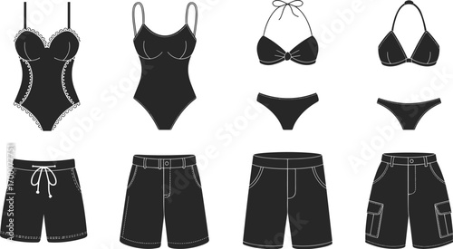 Aesthetic Collection of Black and White Swimwear and Shorts. Vector Designs for Beach and Vacation Fashion, Outfits, and Apparel.