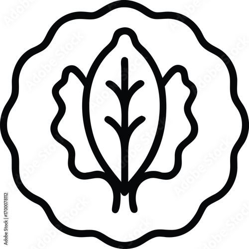 Minimalist line art icon of mustard greens, bitter gourd, and okra combined in one circular badge, black outline on white background.