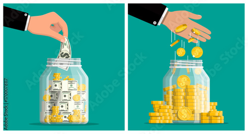 A man putting dollar bills and coins into a glass savings jar. Financial investment growth and money accumulation concept.