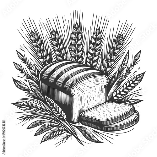 bread loaf with wheat ears and grains, symbolizing baking, harvest, and traditional food sketch engraving generative ai vector illustration. Scratch board imitation. Black and white image.