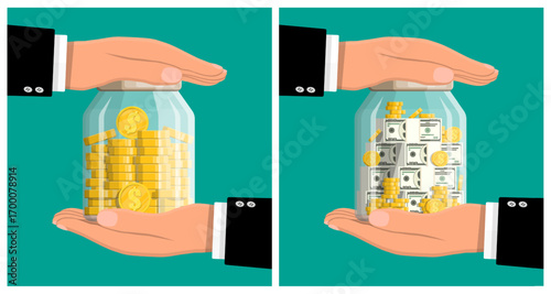 Man holding two glass jars with money. Financial savings concept with stacked coins and banknotes for personal budget.