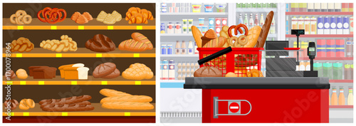 Grocery store interior with bread shelves and long counter. Supermarket checkout with shopping basket filled with fresh bakery food.