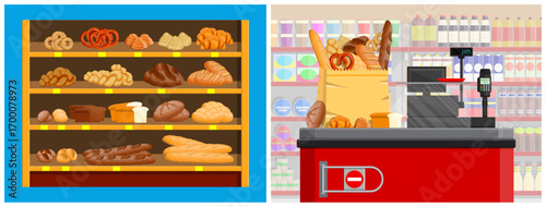Bakery department in grocery store with many bakery products on shelf and bag full of bread. Supermarket with fresh food.