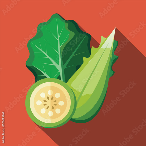 Modern flat icon with mustard greens leaf, bitter gourd cross-section, and okra seed slice arranged together.