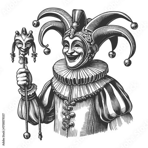 court jester wearing a traditional hat with bells, ornate clothing, and ruffled collar sketch engraving generative ai fictional character vector illustration. Scratch board. Black and white image.