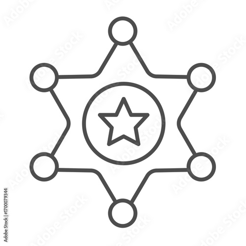 Sheriff star badge thin line icon, police force concept. Vector graphics. Policeman emblem, law and order sign on white background, outline style icon for mobile or web design.