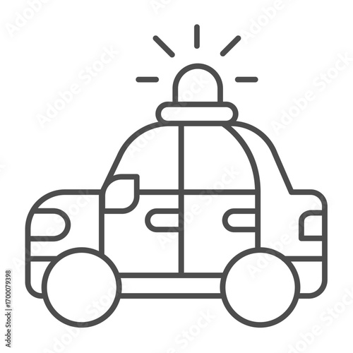 Police car thin line icon, police force concept. Vector graphics. Patrol vehicle with siren lamp, transport sign on white background, outline style icon for mobile or web design.