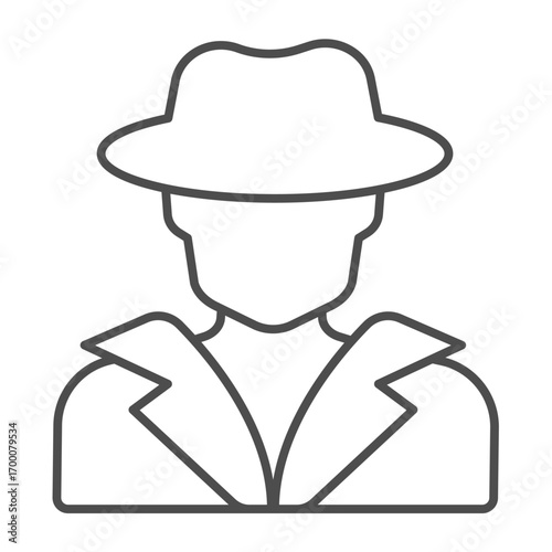 Detective man with raincoat and hat thin line icon, police force concept. Vector graphics. Anonymous look of man, detective sign on white background, outline style icon for mobile or web design.