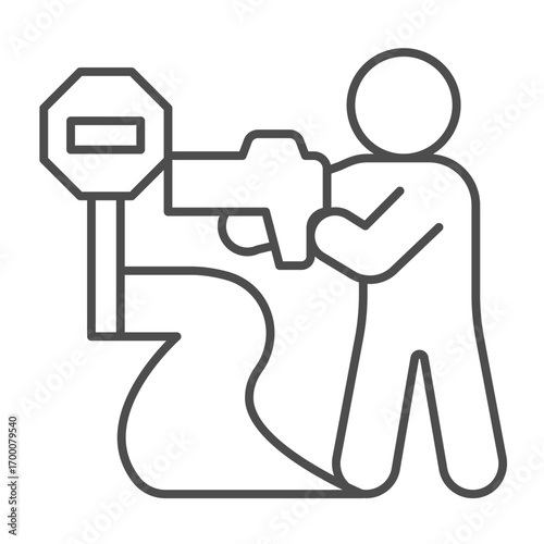 Patrolman and speed measuring radar thin line icon, police force concept. Vector graphics. Police man at road with signpost sign on white background, outline style icon for mobile or web design.