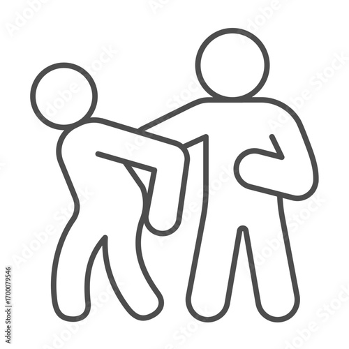 Detention of suspect man thin line icon, police force concept. Vector graphics. Policeman and offender, law and order sign on white background, outline style icon for mobile or web design.