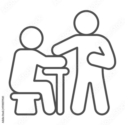 Investigator with suspect man thin line icon, police force concept. Vector graphics. Man standing at desk, chair with human sign on white background, outline style icon for mobile or web design.