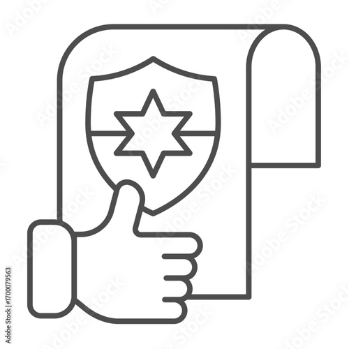 Paper with police emblem and thumb up hand thin line icon, police force concept. Vector graphics. Hand with award document sign on white background, outline style icon for mobile or web design.