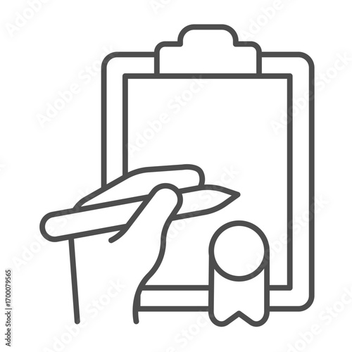 Order paper with stamp and hand thin line icon, police force concept. Vector graphics. Hand with pen and document, signage sign on white background, outline style icon for mobile or web design.