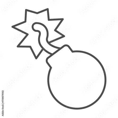 Bomb with spark of burning fuse thin line icon, police force concept. Vector graphics. Cannon ball bomb, ammunition sign on white background, outline style icon for mobile or web design.