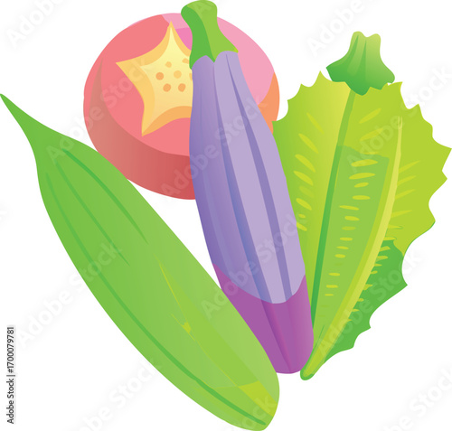 Modern gradient-filled icon of mustard greens, bitter gourd, and okra, glossy vector style, futuristic look.