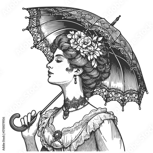 elegant Victorian woman holding a parasol, wearing floral accessories and ornate jewelry sketch engraving generative ai fictional character vector illustration. Scratch board. Black and white image.