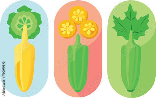 Modern infographic-style icon set combining mustard greens, bitter gourd, and okra in flat colour blocks.