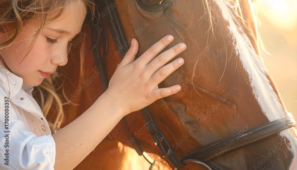 Obraz premium A young girl gently caresses a brown horse's head, illuminated by warm sunlight, showcasing a tender connection between child and animal.