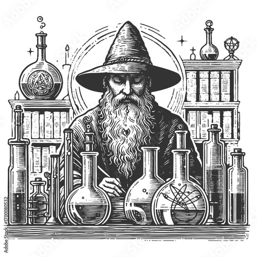 old alchemist working in a laboratory surrounded by flasks, scales, and mysterious equipment sketch engraving generative ai fictional character vector illustration. Scratch board. Black and white.