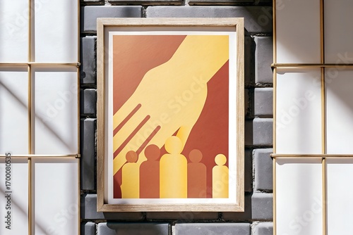 Bold Colorful Poster Giant Helping Hand with Business People on Red Background