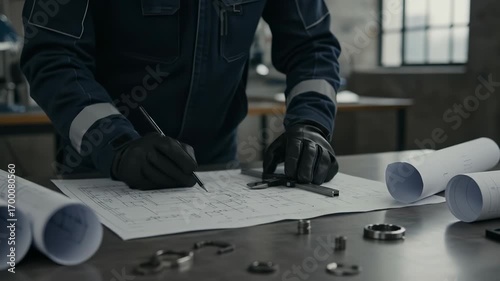 A focused worker wearing gloves uses precision calipers to measure and draft engineering blueprints for industrial design and planning on a workshop table.