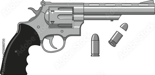 Detailed revolver handgun with bullets and cutaway view—ideal for firearm mechanics, technical illustration, education, and weapon design themes.