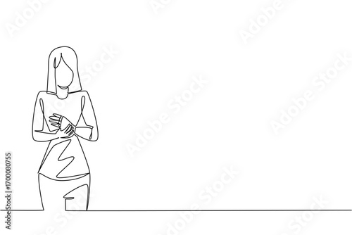 Continuous line drawing of a woman with prosthetic hand, crossing on chest. Highlighting empowerment and accessibility for World Day for Assistive Technology in a modern technology concept design.