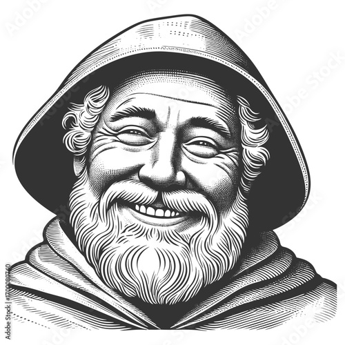 cheerful monk wearing a robe with a cross, symbolizing joy, faith, and medieval tradition sketch engraving generative ai fictional character vector illustration. Scratch board. Black and white image.